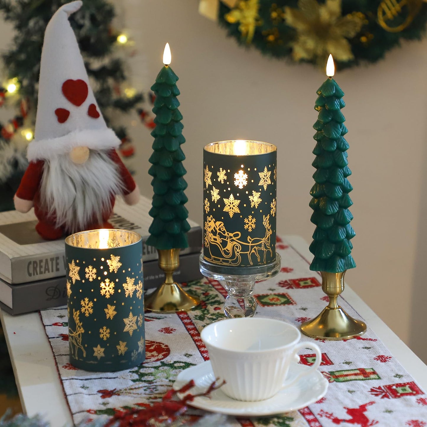 Lezonic Christmas Flameless Candles with Remote, Green Christmas Tree Flickering Battery Operated Window Candlesticks, Glass Flameless Xmas New Year Decorations Gifts, Set of 4 Real Wax LED Candles
