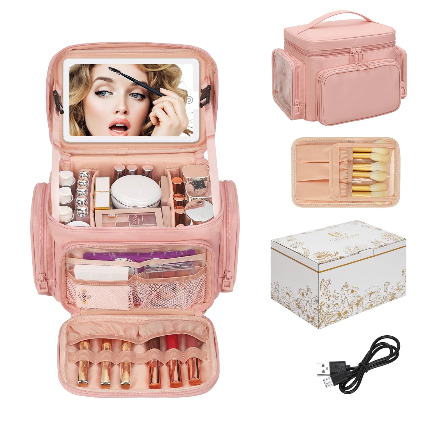 Large Makeup Bag with LED Mirror, Travel Makeup Bag Organizer for Women Girls with Makeup Brush Compartment & Two Side Pockets, 3 Color Lights Cosmetic Toiletry Bag- Leather Pink