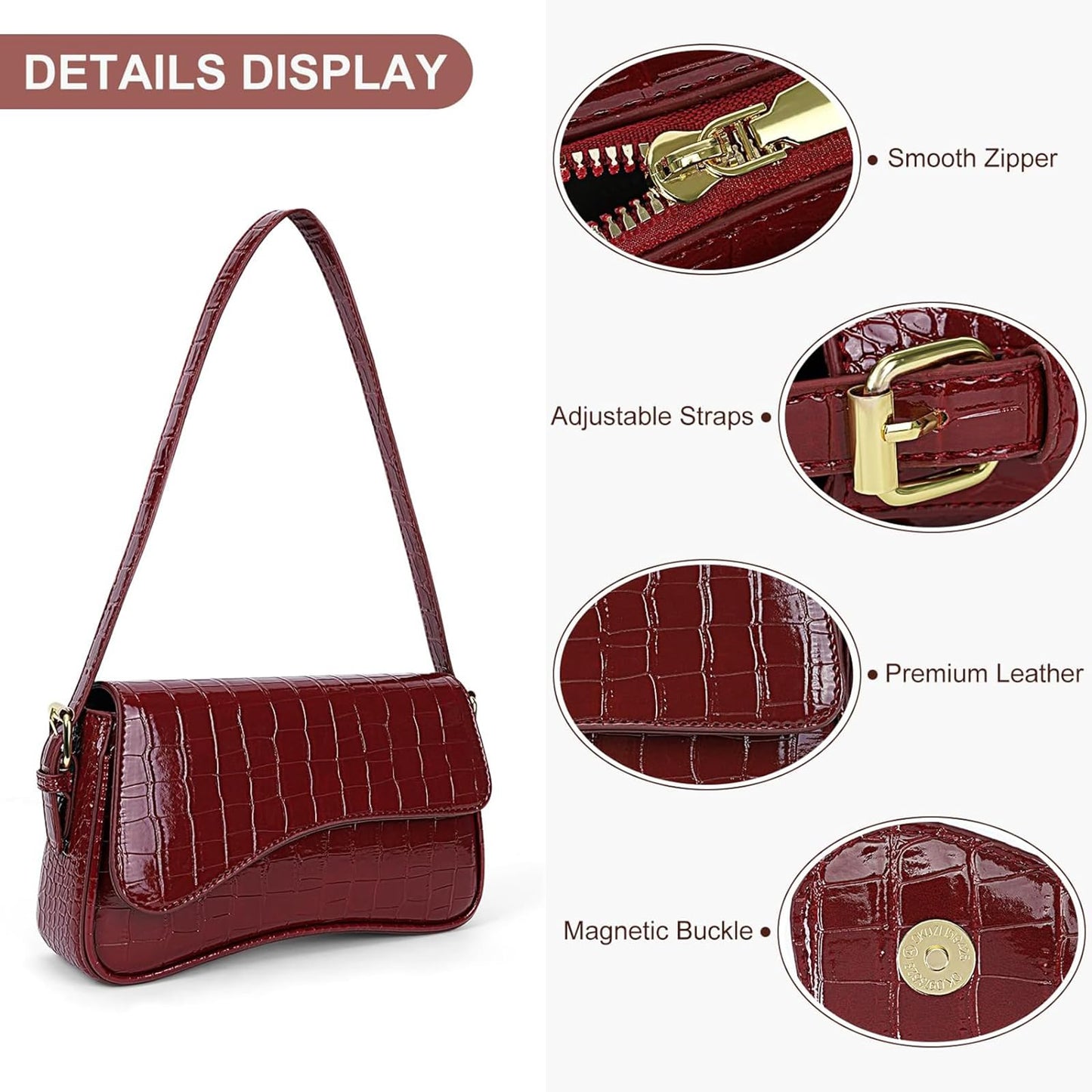 feujury Shoulder Bag for women Y2K Crossbody Vegan Leather Purse Straps Retro Clutch Hobo Hadbags with 2 Removable (B-crocodile red)