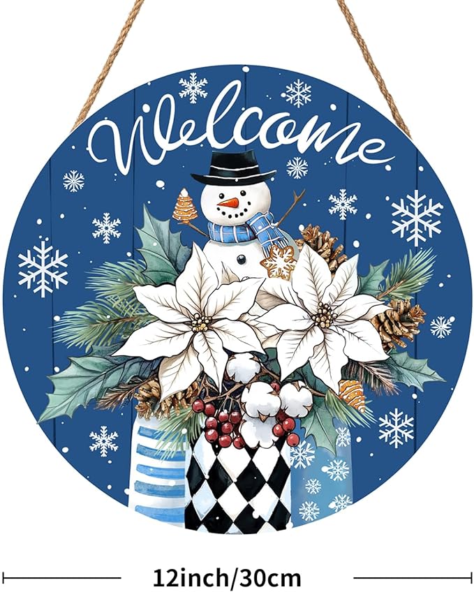 Welcome Winter Blue Poinsettia Front Door Sign Winter Snowman Wood Door Hanger Outdoor Outside Porch Decor Blue Christmas Snowflake Holiday Wreath Wall Hanging Welcome Sign for Home Front Porch 12in