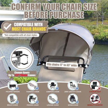 XL Universal Wind-Resistant Chair Umbrella Canopy, Extra Large Foldable UPF 50+ Sun Shade Attachment with Adjustable Clamp, Fits Most Beach, Camping, Lawn, Zero Gravity Chairs, 2 Pack, Patented