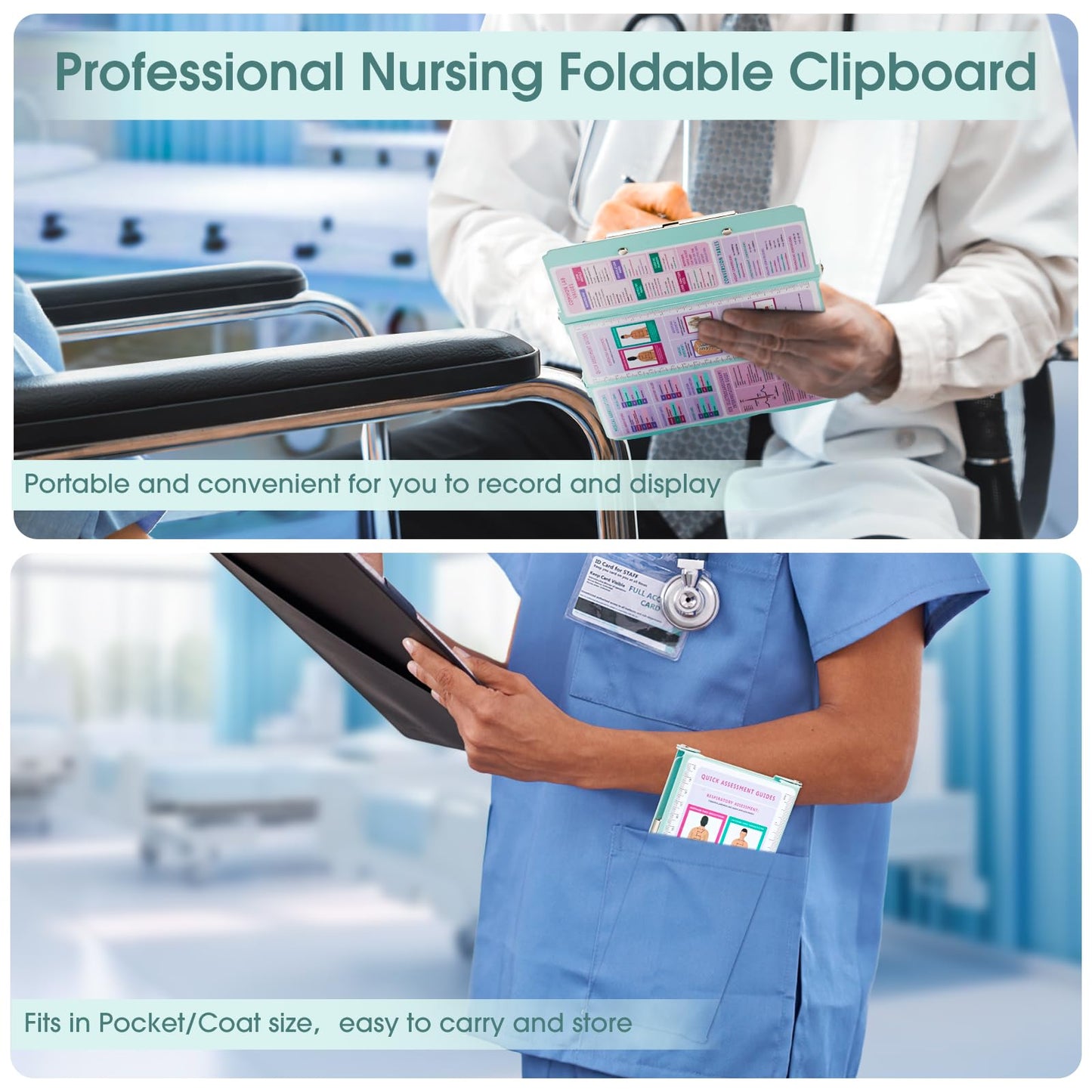Nursing Clipboard Foldable, Thicken Aluminum Trifold Nursing Clipboard, Nursing Pocket Size Nurse Clipboards with Pen Holder, Nursing Edition Cheat Sheet for Students, Nurses and Doctors, Mint