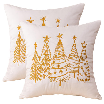GEEORY Christmas Pillow Covers 18x18 Inch Set of 2, Xmas Decorations Tree Luxurious Velvet Embroidered Throw Pillows Farmhouse Winter Holiday Decor Cushion Case for Sofa & Bed White GX007-18