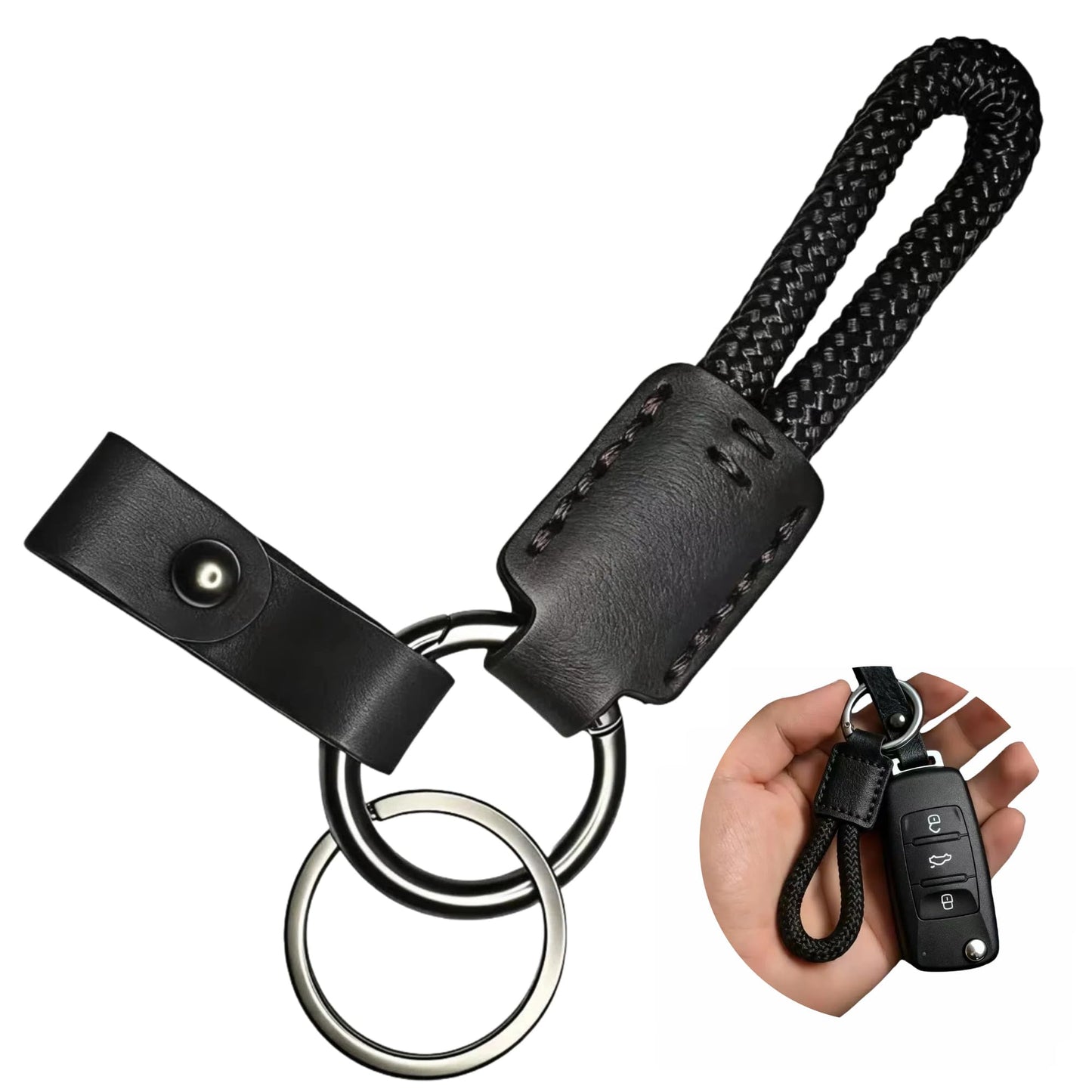 FQJOYL Leather Keychain for Car Keys - Genuine Cowhide Key Fob Holder with Braided Rope Loop, Anti-Scratch Belt & Gunmetal O-Ring, Silent Minimalist Key Chain for Women & Men, Gift for Her & Him