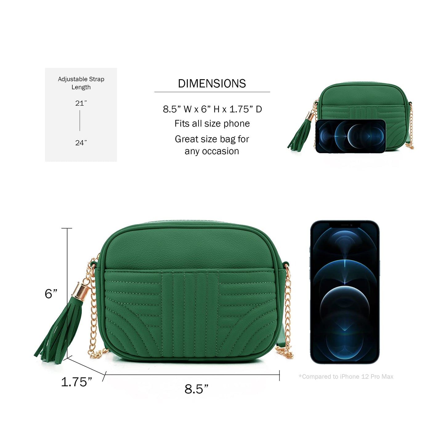 EVVE Quilted Crossbody Bags for Women - Stylish Camera Bag with Tassel - Lightweight Medium Size Shoulder Purse | Kelly Green