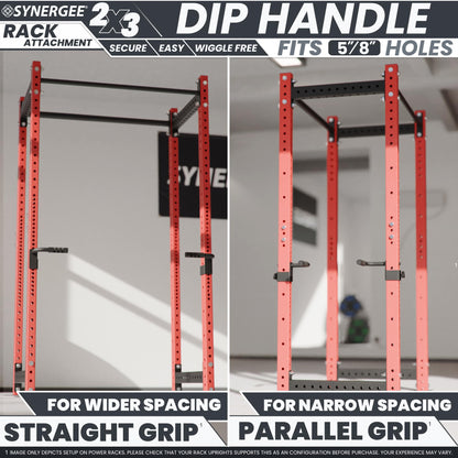 Synergee Dip Handles for 2x3 Power and Squat Racks, Dip Stand Fits Racks with 5/8" Holes. Rack-Mounted Dip Bar Attachment for Dips, Leg Raises, and Knee Tucks.