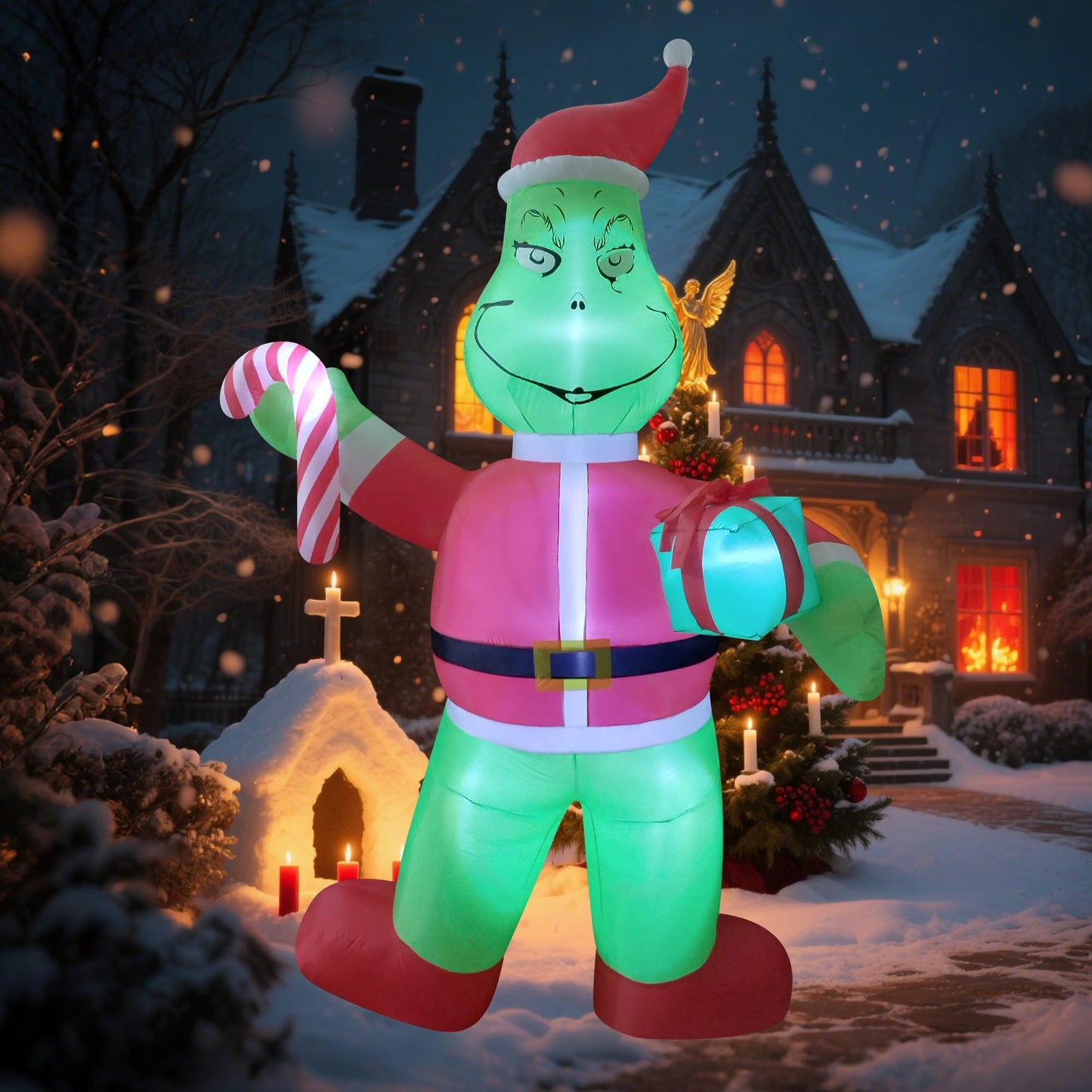 eLUUGIE 12ft Giant Christmas Inflatable Yard Decor Green Santa Monster Build-in LED Outdoor Blow up Christmas Decorations for Yard/Lawn/Garden