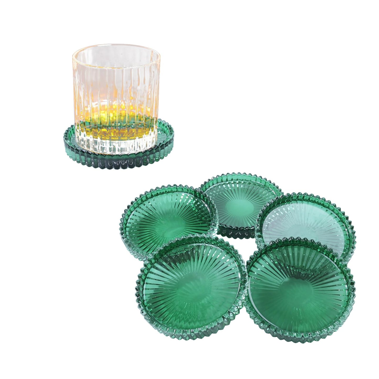 Jollyhilan Glass Coaster 6 Pack Round Cup Coasters for Drinks,Crystal Coffee Coaster,Stylish Drink Coasters for Kitchen Bar Dining Room Living Room Office Decor and Jewelry Storage,Green