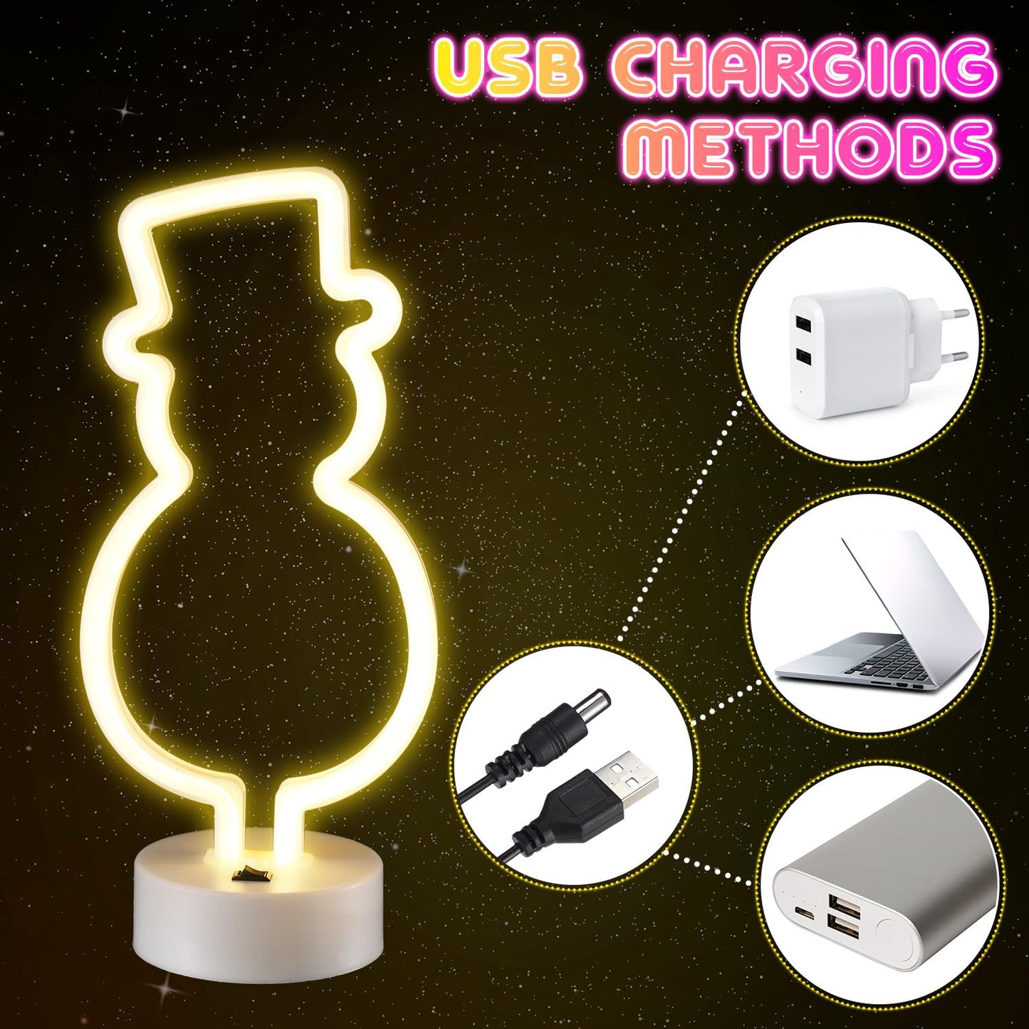 Baquler 4 Pcs Christmas Neon Light Tabletop LED Neon Sign with Holder Base Snowman Light up Night Lights Battery or USB Powered Holiday Decorations for Bedroom Party Supplies