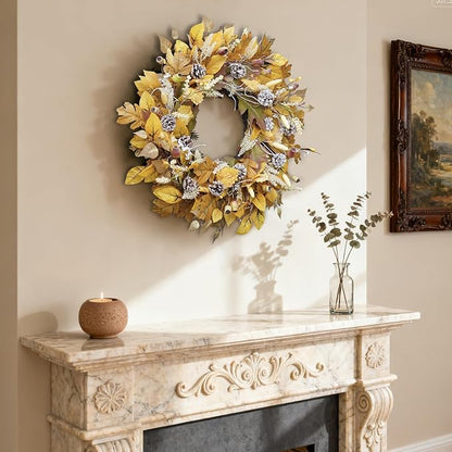 Fall Wreath for Front Door, 24 Inch Autumn Wreath with Pine Cones, Grain Ears, Oak Leaves and Maple Leaves Fall Decorations for Home, Artificial Flowers Harvest and Thanksgiving Indoor & Outdoor