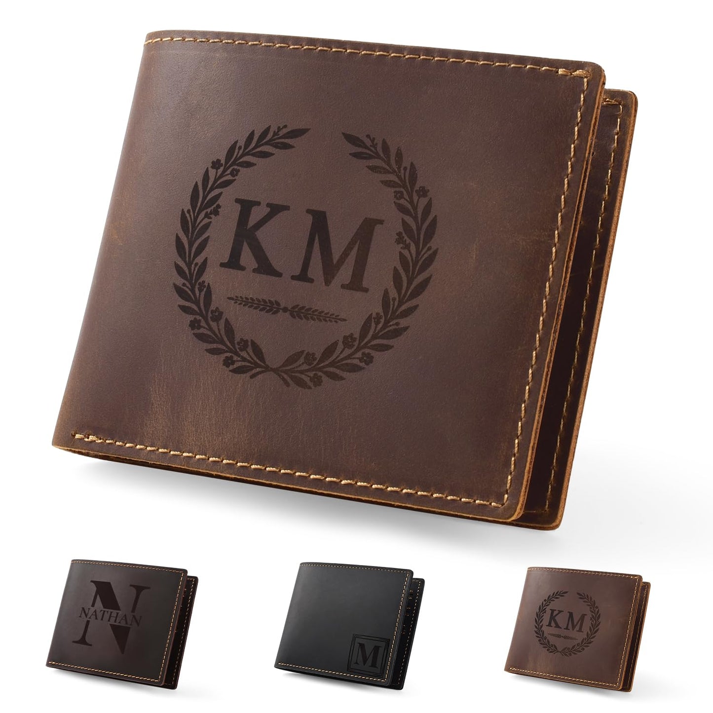 Alomce Personalized Wallet for Men, Custom Engraved Genuine Leather Wallets with Name Initials Pattern – Slim Bifold with 6 Card Slots, 2 Side Pockets & Cash Layer – Ideal Gift for Him Husband Dad