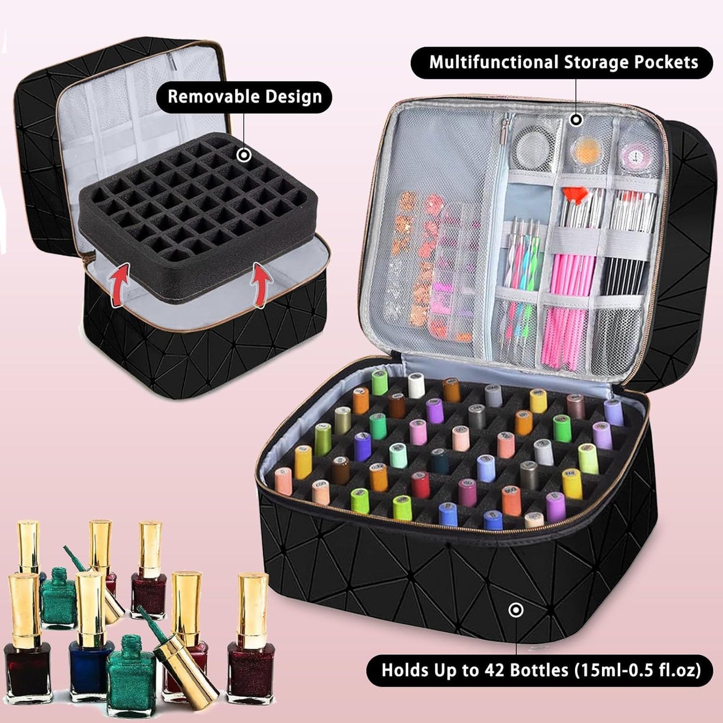 Yttriuny Nail Polish Organizer Holds 84 Bottles (15ml/0.5fl.Oz) + UV Lamp & Manicure Tools, 3-Layer Detachable PU Leather Nail Kit Storage Bag,Large Travel Shoulder Bag for Nail Supplies – Black