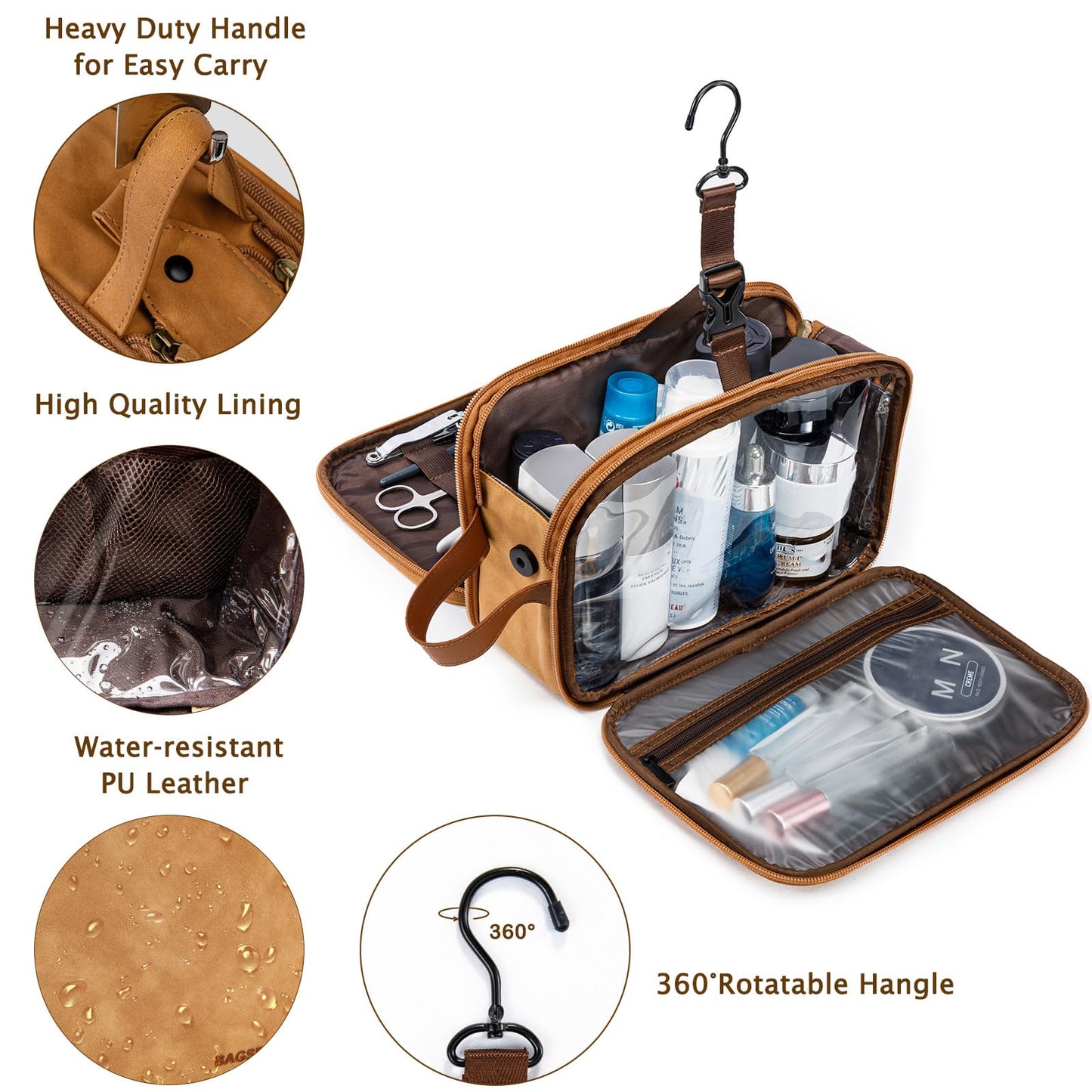 BAGSPRITE Large Toiletry Bag for Men, Women Travel Bag with Hanging Hook, Water-resistant Makeup Cosmetic Bag Shaving Kit Organizer, Bathroom Bag for Traveling