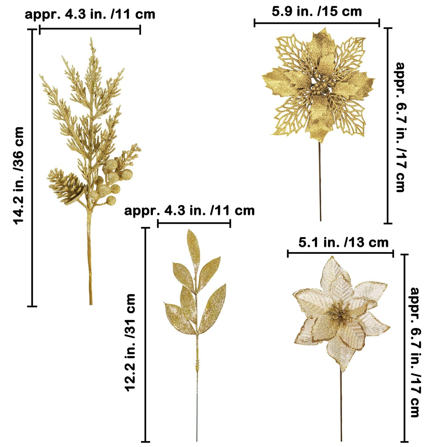 Winlyn 35 Pcs Christmas Artificial Poinsettia Flowers Picks and Artificial Leaves Sprays Gold Glitter Christmas Floral Picks for Gold Christmas Tree Holiday Centerpiece Wreath Garland Decorations