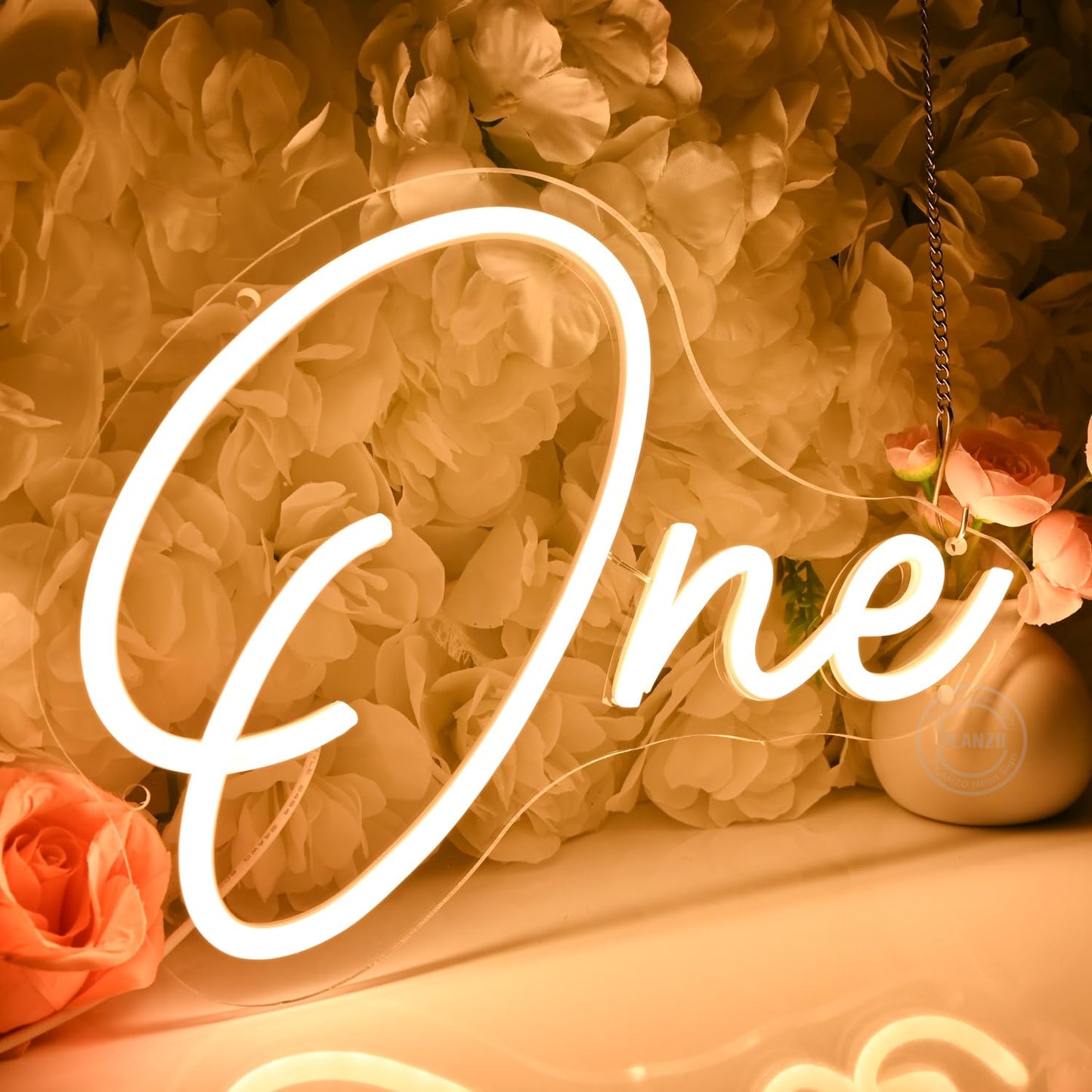 Planzo One Led Neon Sign Light 1th One Year Old Birthday Baby Cave Backdrop Bedroom Wall Sign Decor Banner Wedding Party Decor Gifts USB 11.81"x8.66" Warm White