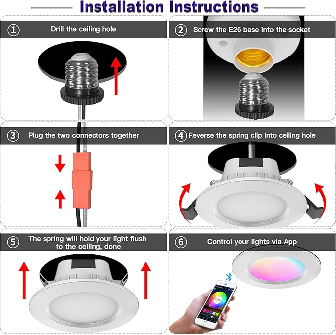 3 Inch Smart Recessed Light 10Pack, RGBCW, 2700K-6500K CCT Selectable, Dimmeble, Multicolorred Color Changing LED Downlight, New Construction or Remodel Canless Recessed Downlight