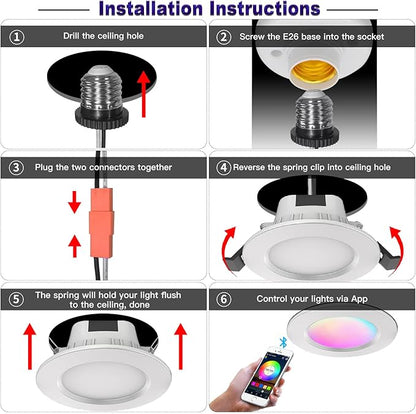 3 Inch Smart Recessed Light 10Pack, RGBCW, 2700K-6500K CCT Selectable, Dimmeble, Multicolorred Color Changing LED Downlight, New Construction or Remodel Canless Recessed Downlight