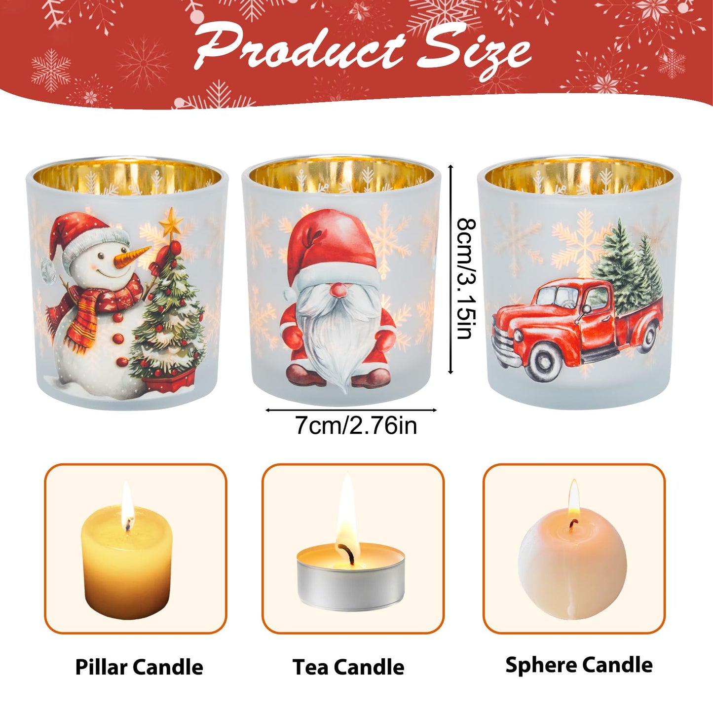Christmas Votive Candle Holders, Set of 3 White Gold Red Glass Candle Holder for Christmas Table Centerpieces, Xmas Tea Light Holders with Gnomes Truck Snowman for New Year Holiday Party Decor