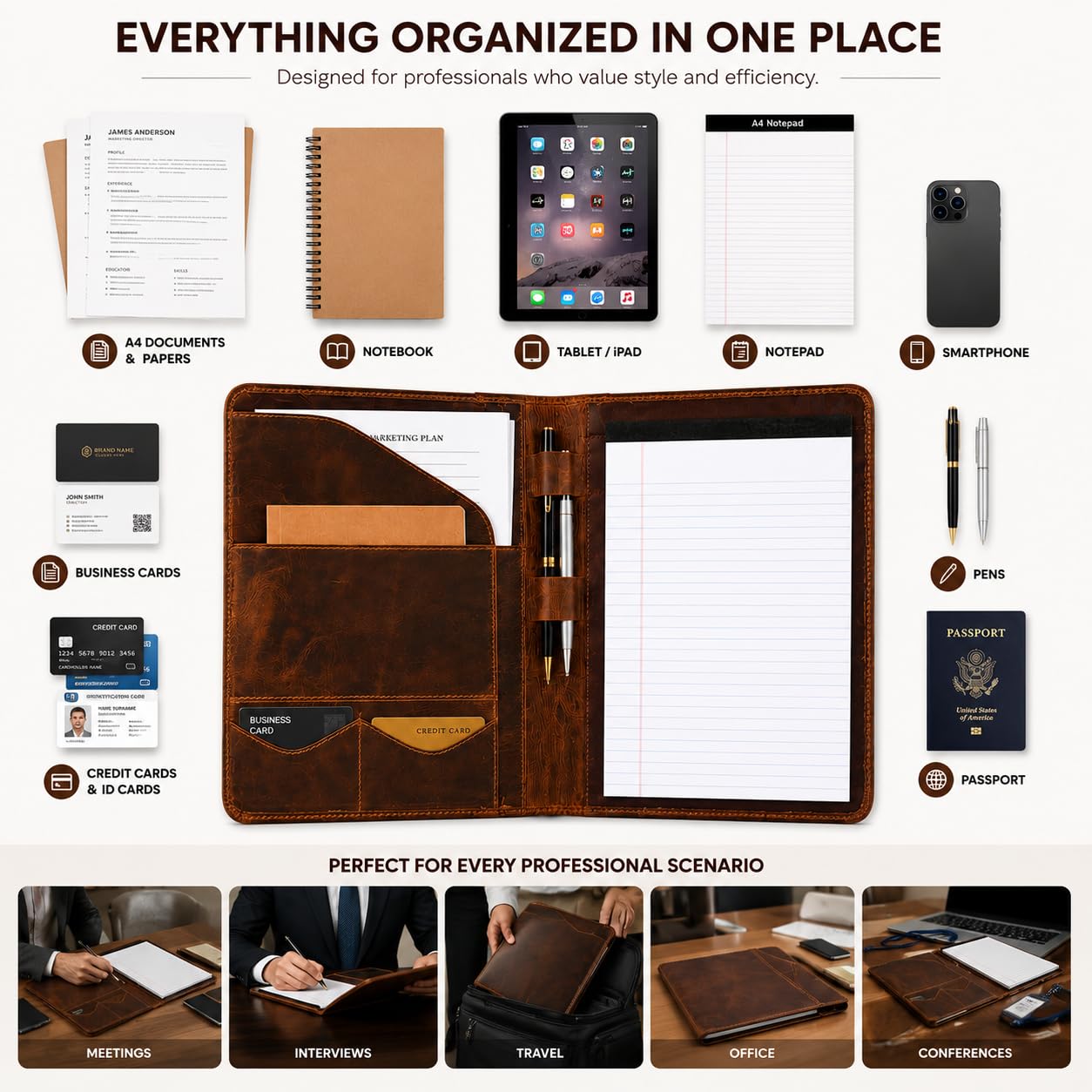 Leathervine Compact Leather Portfolio with Clipboard | Legal Pad | Card Holders | File Pocket | Pen Loop | Premium Organizer for Meetings | Work | Interviews | Graduation Gifts