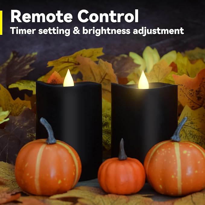 Black Pillar Flameless Candles - 3D Flickering, Remote Timer, Battery Operated, 600+ Hours, Halloween & Gothic Themed Decor (Black, 3"*4"-3pcs)
