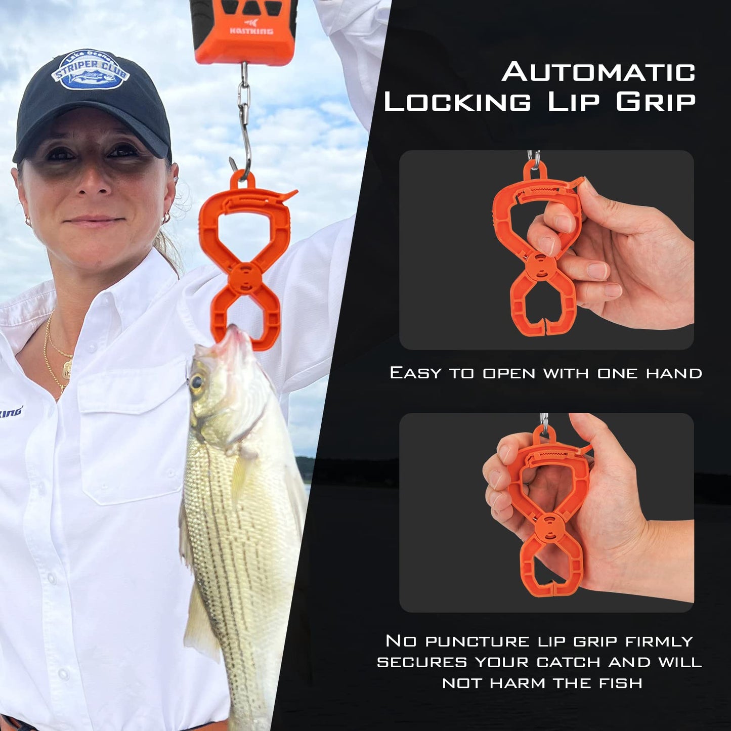 KastKing Fish Scale, WideView Floating Waterproof Digital Scale with No-Puncture Lip Gripper, 2.5” Large LCD Display, 110lb Capacity, Stores up to 9 Weights, Orange