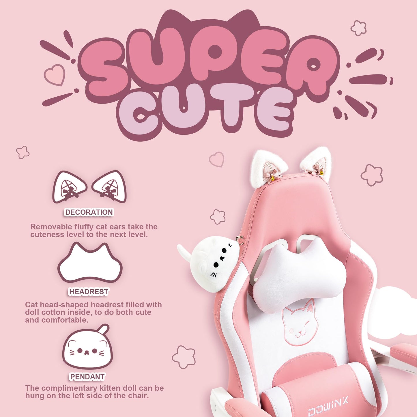 Dowinx Gaming Chair Cute with Cat Ears and Massage Lumbar Support, Ergonomic Computer Chair for Girl with Footrest and Headrest, Comfortable Reclining Game Chair 290lbs for Adult, Teen, Pink