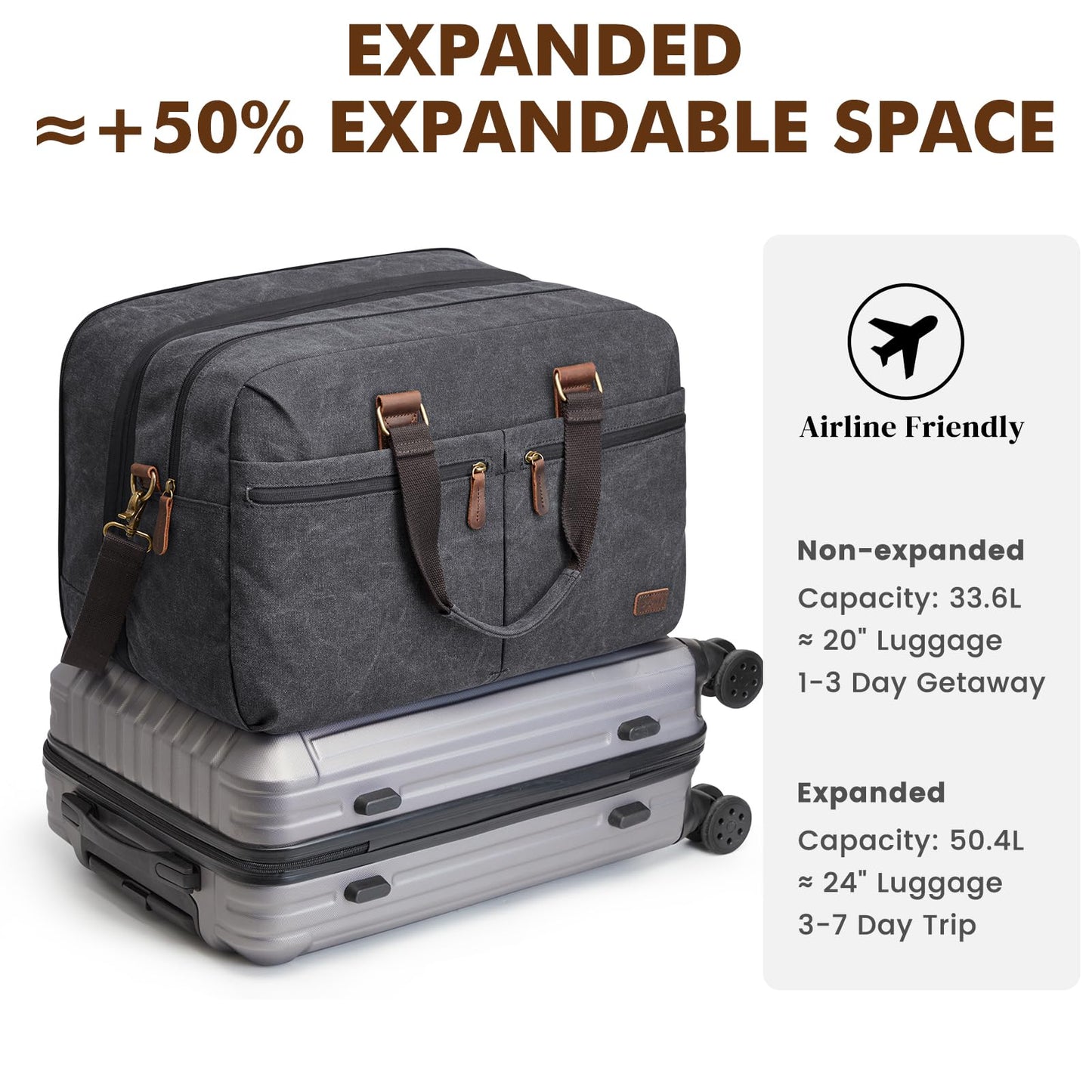 S-ZONE Expandable Duffle Bag for Travel 33L 50L Canvas Weekender Overnight Bags Men Women