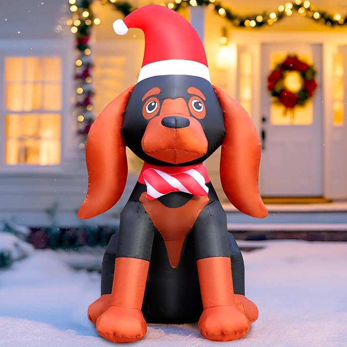 FunFanso 4FT Christmas Inflatable Dog Decoration, Cute Blow Up Puppy Yard Decorations with Build-in LED, Xmas Dog with Santa Hat for Holiday Indoor Outdoor Yard Lawn Party Garden Home Decorations