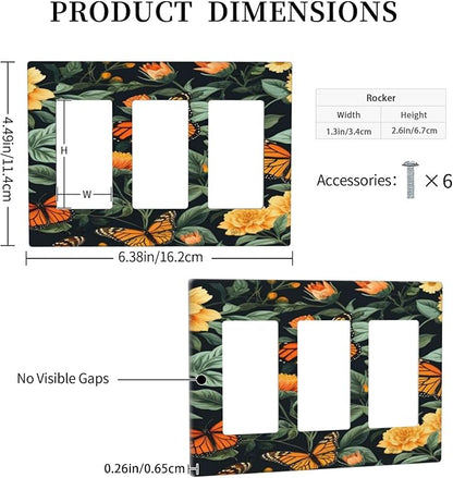 Butterflies Flower Garden 3 Gang Rocker Triple Outlet Wall Plate Decorative Switchplate Cover Faceplate GFCI Light Switch Covers for Farmhouse Living Decor