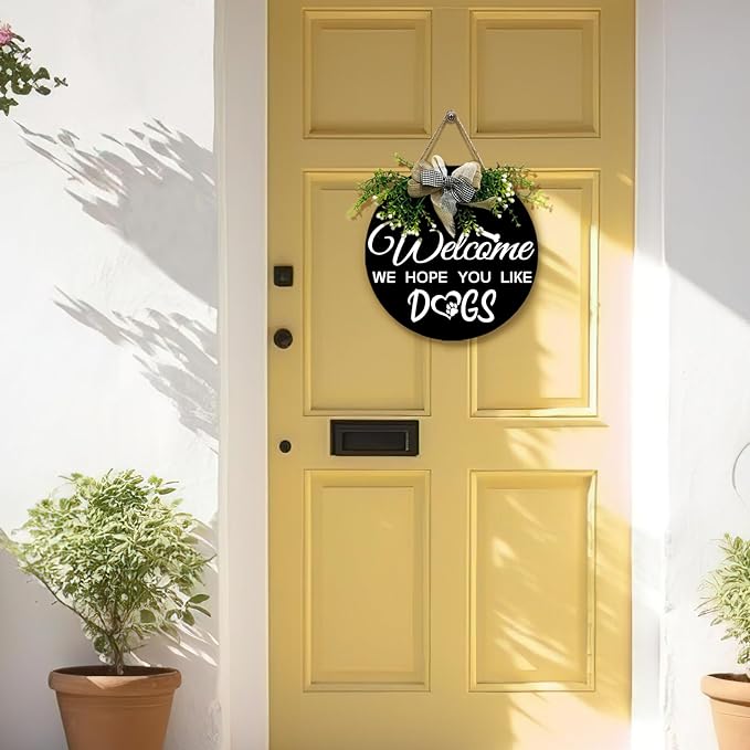 Welcome We Hope You Like Dogs Sign Dog Round Signs for Front Door with Bow and Wreath Farmhouse Bones Hanging Sign or Dogs Lovers Spring Summer Seasonal Decor Housewarming Gift 12 Inch