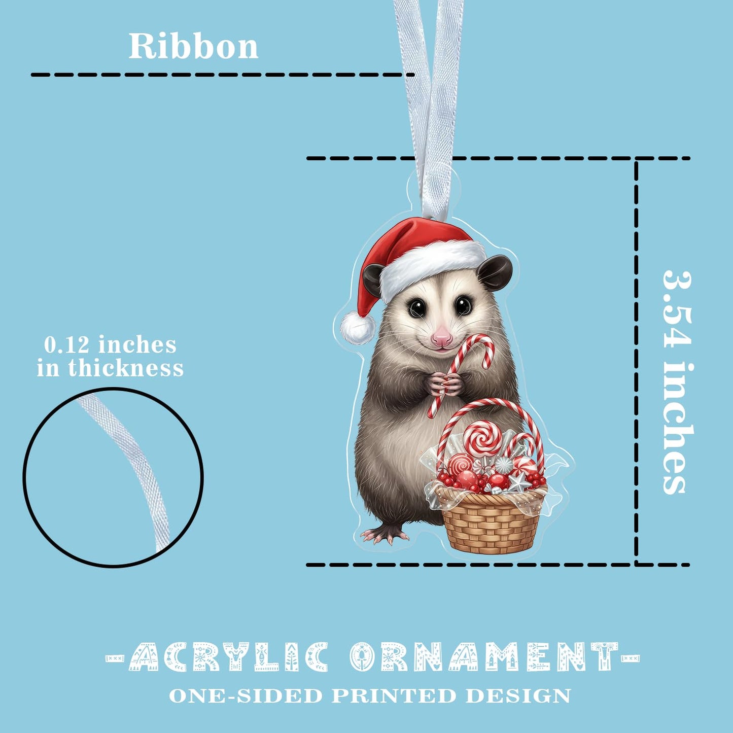 Opossum with Candy Cane Ornament - Shape Acrylic Decor - Cute Animal Ornament - Gift for Possum Lover - Xmas Tree Hanging Decor