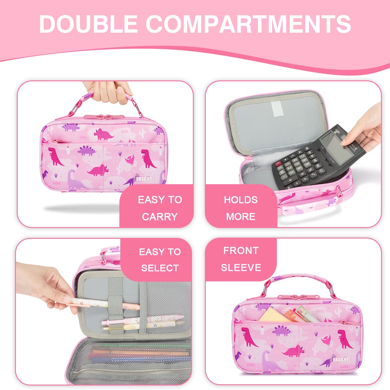 VASCHY Pencil Case for Girls, Aesthetic Kawaii Large Pencil Pouch Stationary Pencil Bag/Box for Preppy Kids, Pen Organizer Holder School Supply Pink Dinos