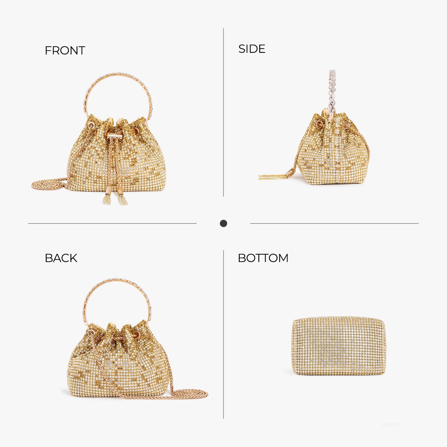 frrbuu Gold Rhinestone Bucket Bag with Drawstring Closure, Crystal Embellished Evening Purse with Chain Strap
