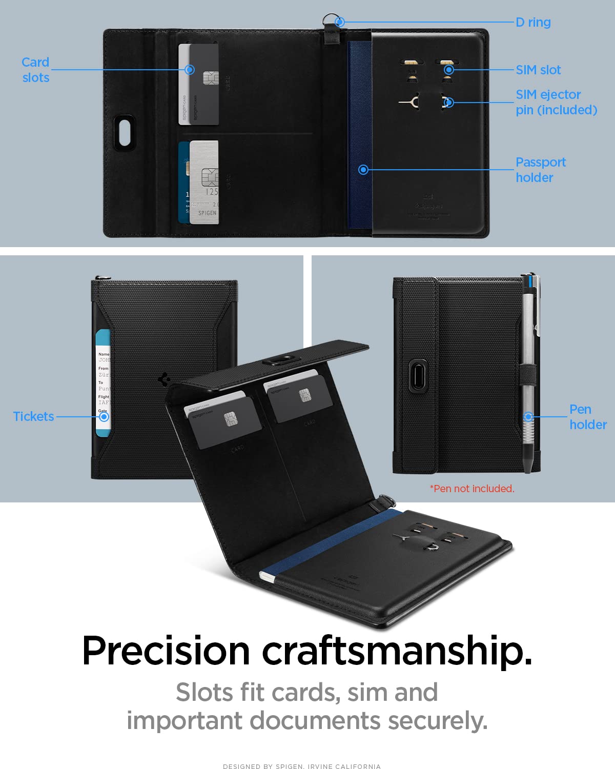 Spigen Life for Passport Card Cover Holder with RFID Blocking Technology Wallet Travel Documents Organizer Protector Accessories, SIM Card Pin Included - Black