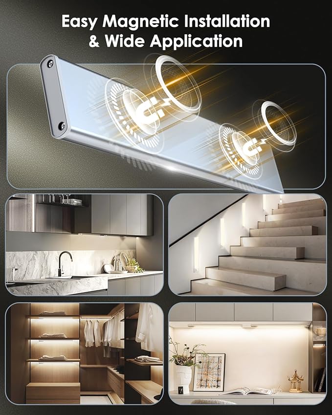 12in Under Cabinet Lights, Upgraded 2500mAh Under Cabinet Lighting, Rechargeable Motion Sensor Light Indoor LED Closet Lights Under-Counter Light Fixtures for Kitchen, Hallway, Stairs, 5-Pack