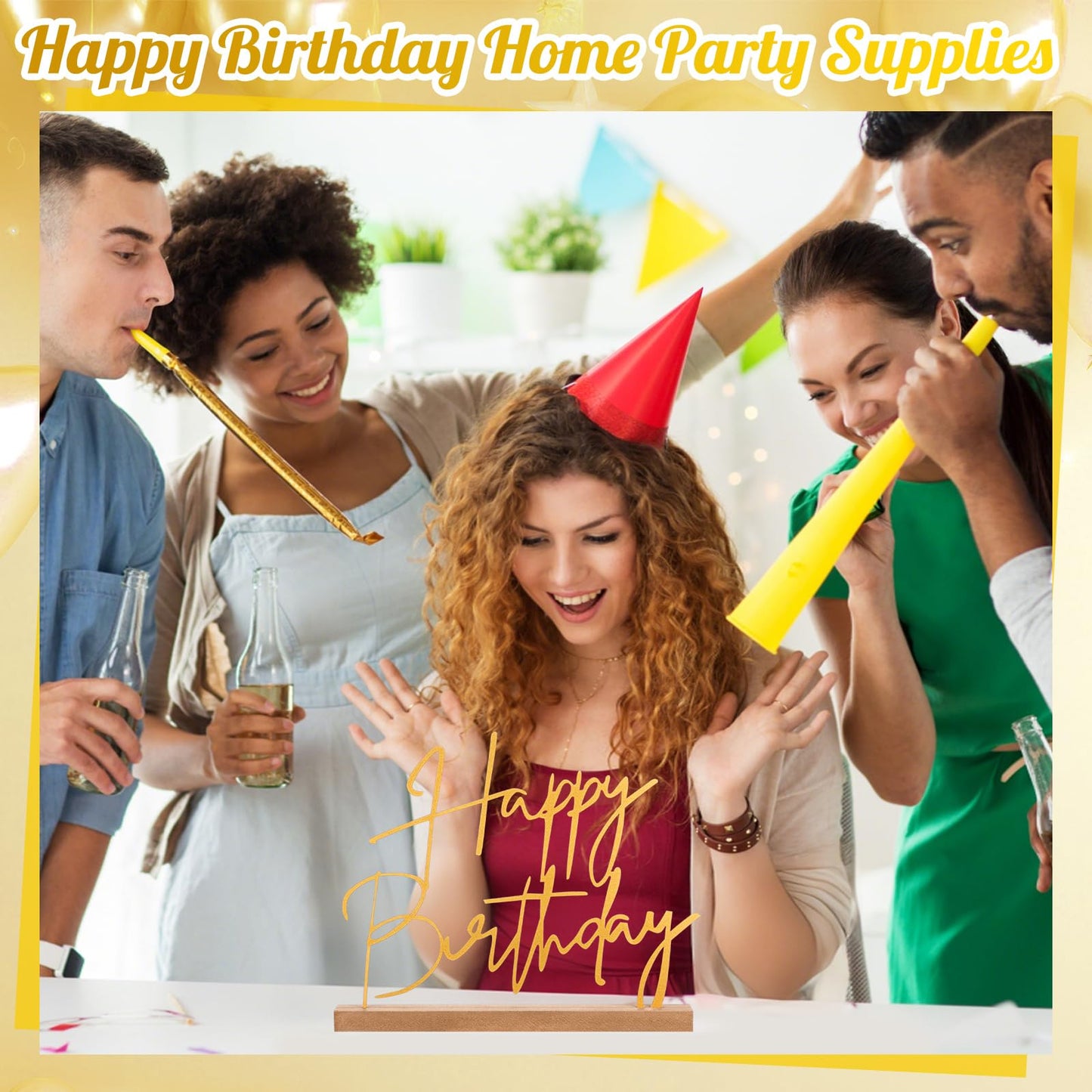 Yaocom 13.78 Inch Happy Birthday Table Sign Happy Birthday Metal Letter Decor Freestanding Tabletop Decoration with Wooden Base for Home Tiered Tray Centerpiece Mantel Shelf Fireplace Office