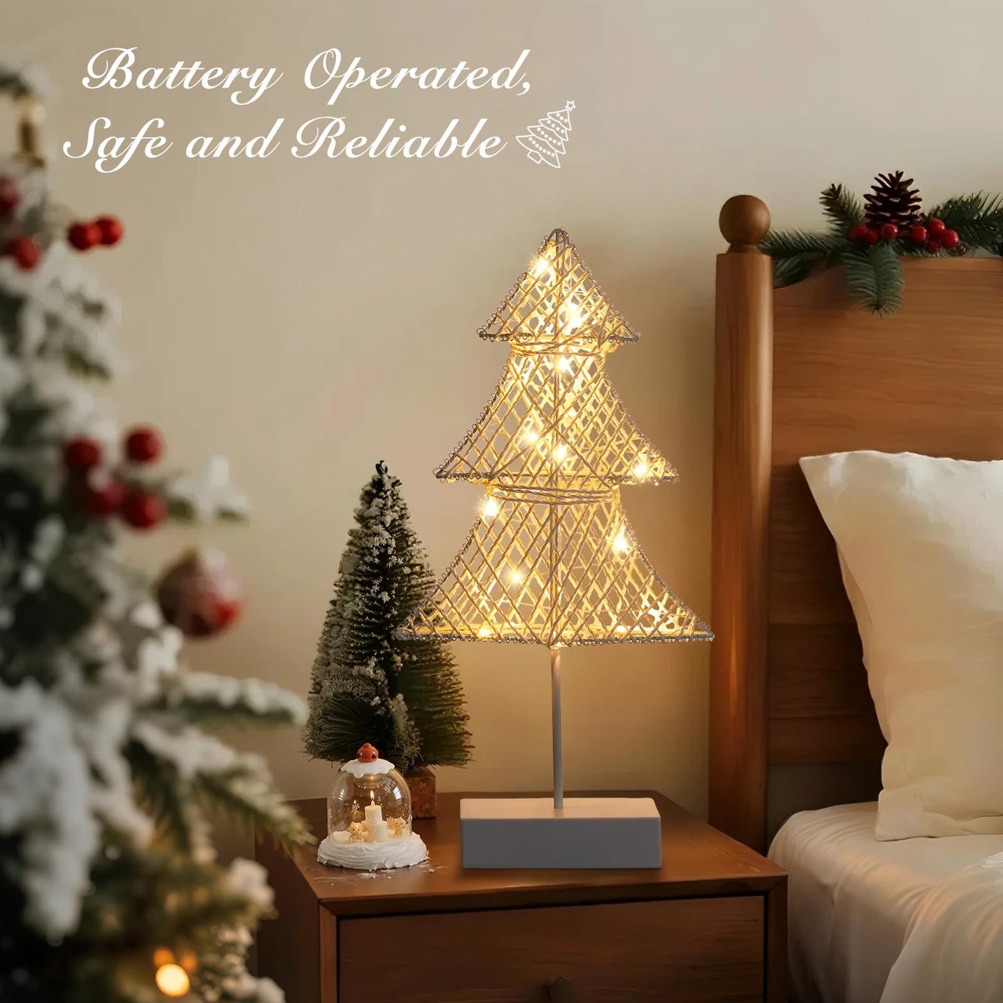 Lewondr Christmas Tree Lamp, Winding Cotton Thread Mini Christmas Tree with Lights, Battery Powered Desktop Christmas Light for Xmas Home Bedside Table Lamp Decorative Tree for Table Top, White