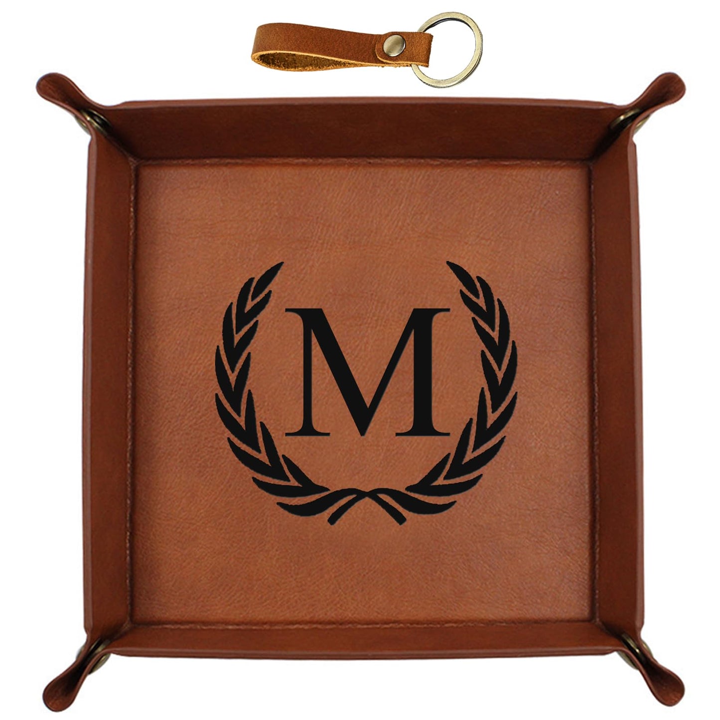 Personalized Leather Valet Tray Engraved Initials Key Tray Nightstand Organizer Valentines Day Birthday for Men Dad Husband Boyfriend (M)