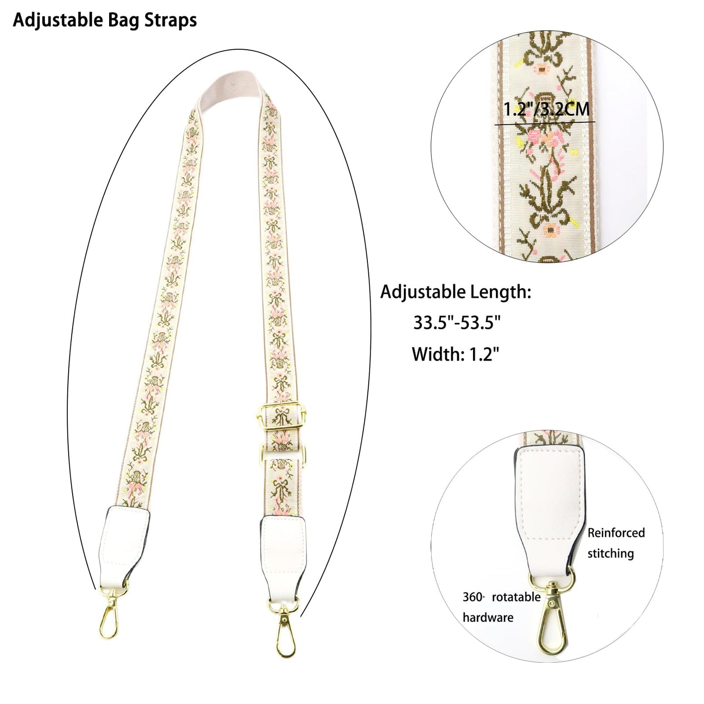 Purse Strap - Retro Ethnic Embroidery Adjustable Shoulder Straps for Women, 1.2" Width, 53.5" Longth Silver Hook Bohemian Style Crossbody Bag Strap