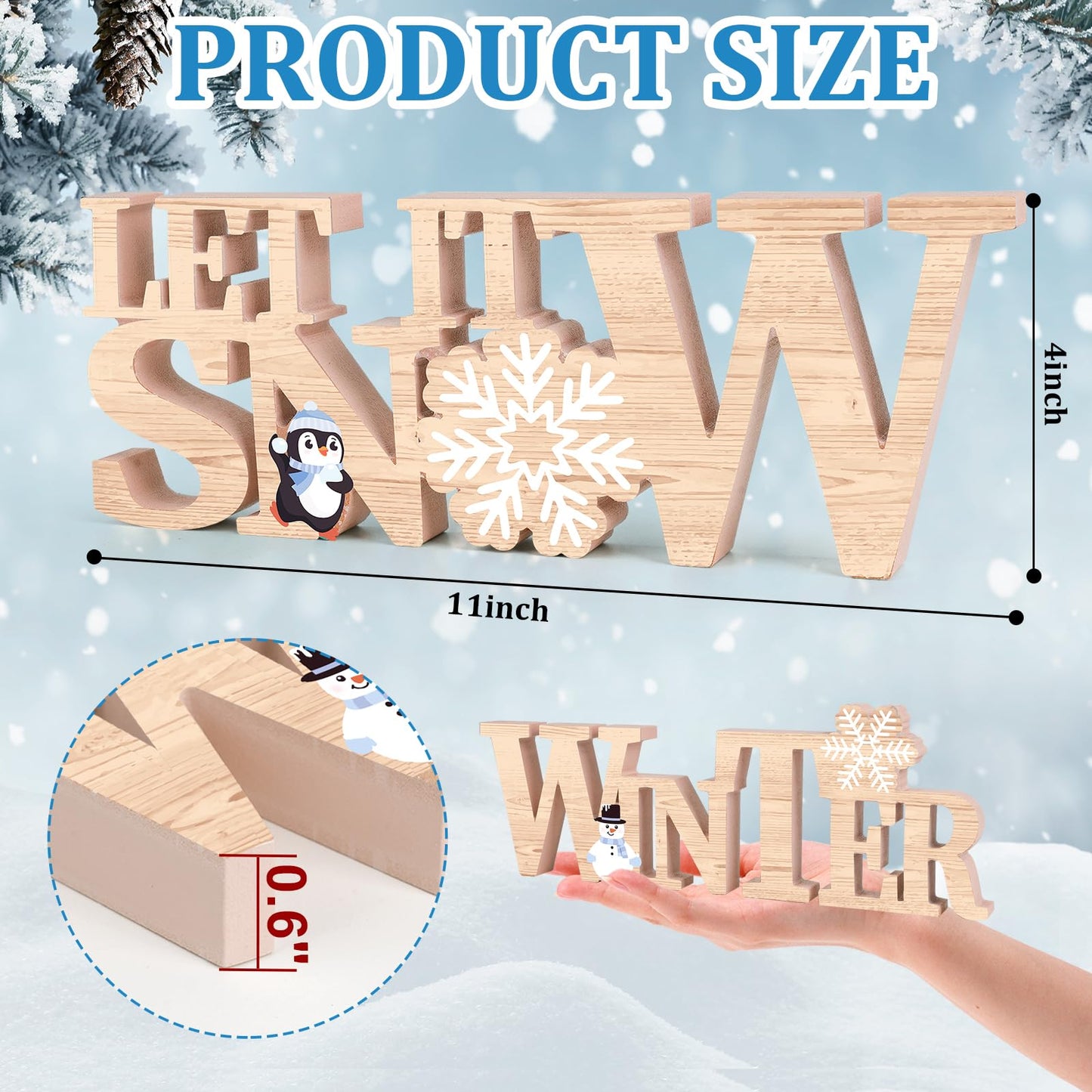COCHIE Wooden Winter Let It Snow Sign, Snowflake Winter Decorations for Home, Office, Shelf, Mantel, Indoor, Blue White Wood Table Top Party Decor (Brown)