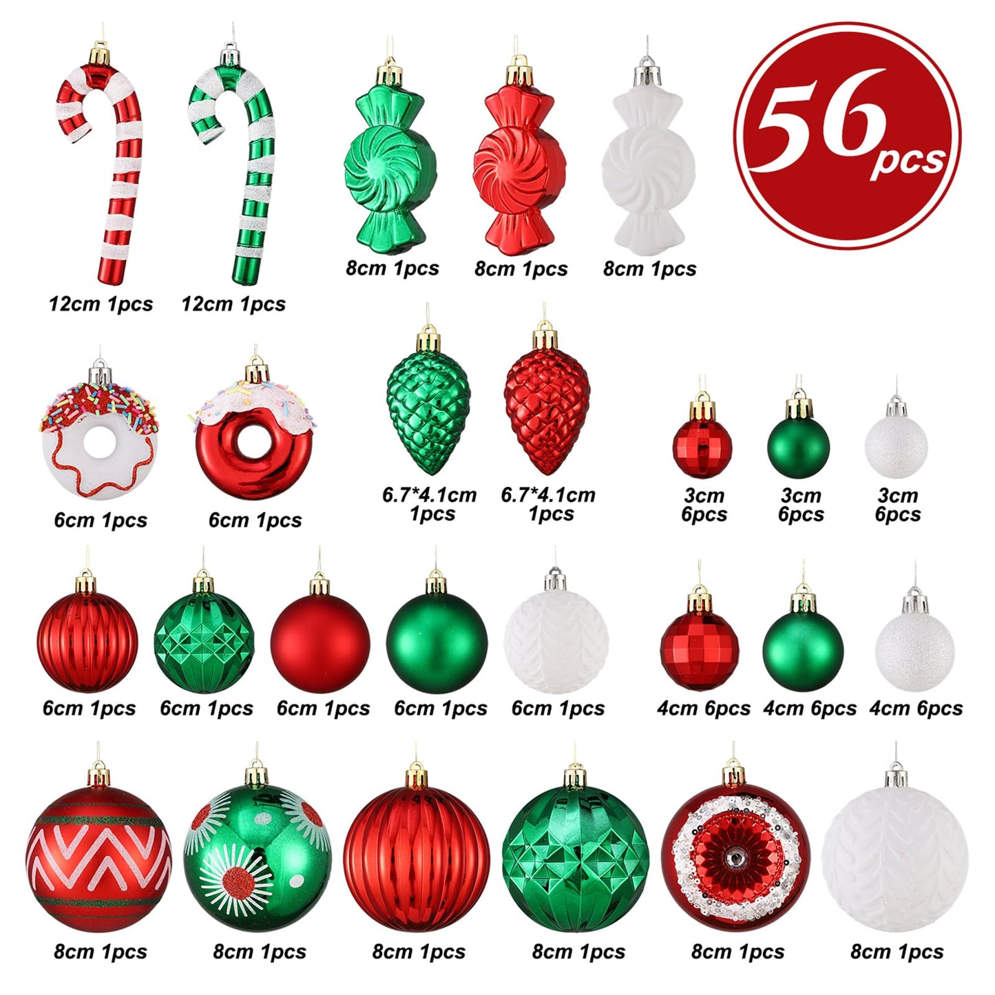 56Pcs 21Styles Christmas Balls Hanging Ornaments Set,Red Green and White Assorted Shatterproof Plastic Christmas Balls Baubles with Candy Canes,Donuts for Xmas Tree Holiday Home Party Decorations