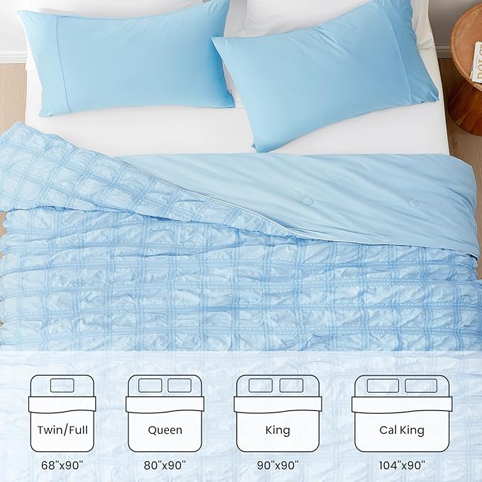 Cozy Bliss Cooling Comforter Full Size Seersucker Plaid, Q-Max 0.4 Reversible Lightweight Cooling Blanket, Breathable Silk Smooth Summer Bedding Quilt for Hot Sleepers Night Sweats Blue