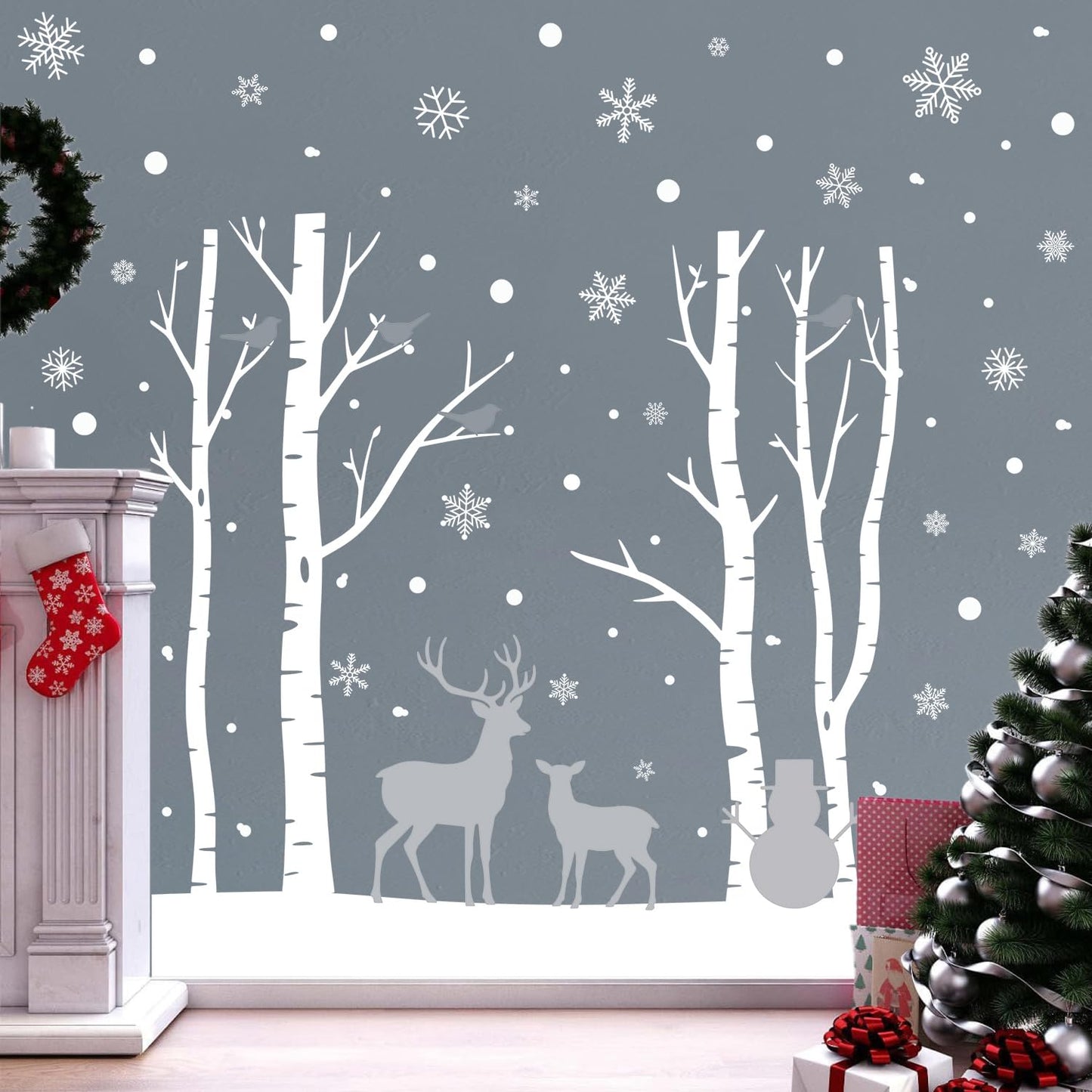 Kasubeso Merry Christmas Wall Decals, Black Santa Reindeer and Snowflake Window Clings, Removable Vinyl Wall Stickers for Holiday Party Bedroom Living Room Offices Home Decoration