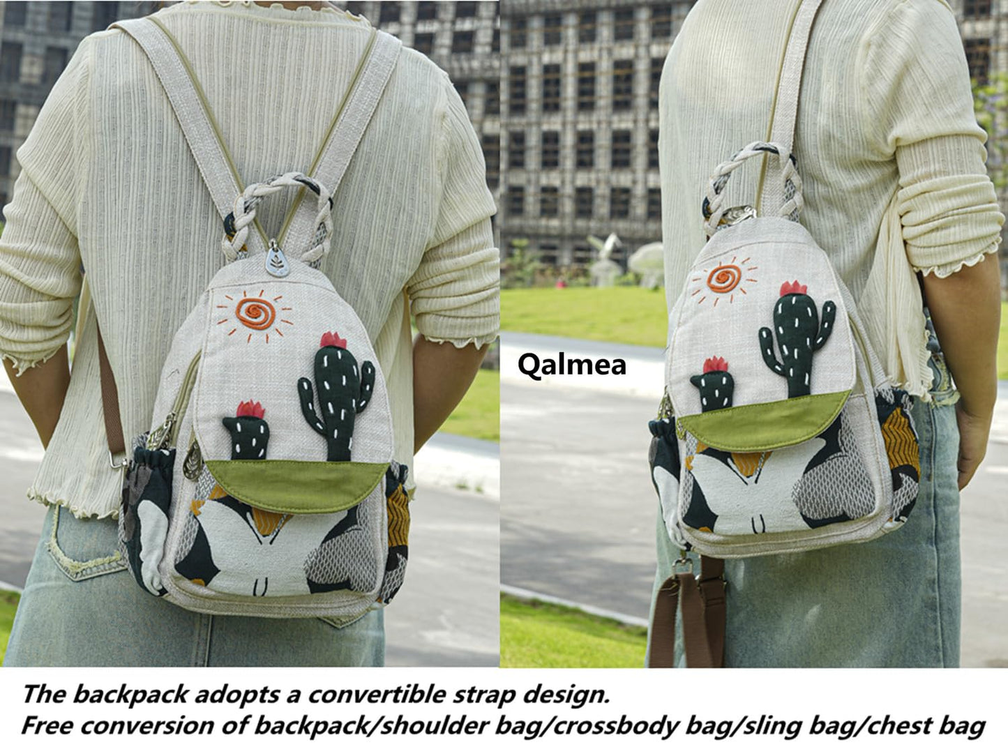 Qalmea Small Purse Small Backpack for Women Girl's Convertible Sling Bag Handmade Canvas Bags Casual Mini Backpack （Swallow Pattern）