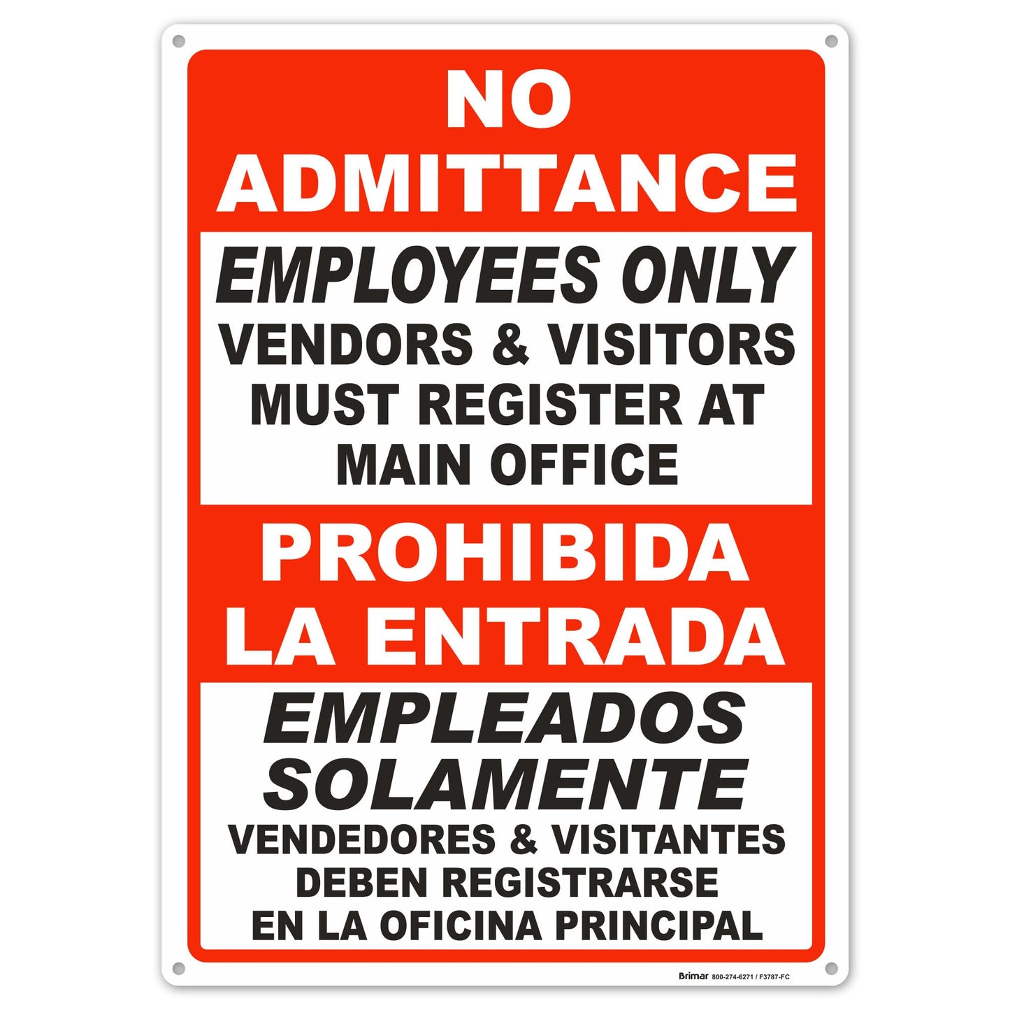 Brimar - 10" x 14" - Bilingual Vendors & Visitors Must Register Sign - .040″ Rust-Free Aluminum - High Visibility - Easy Installation
