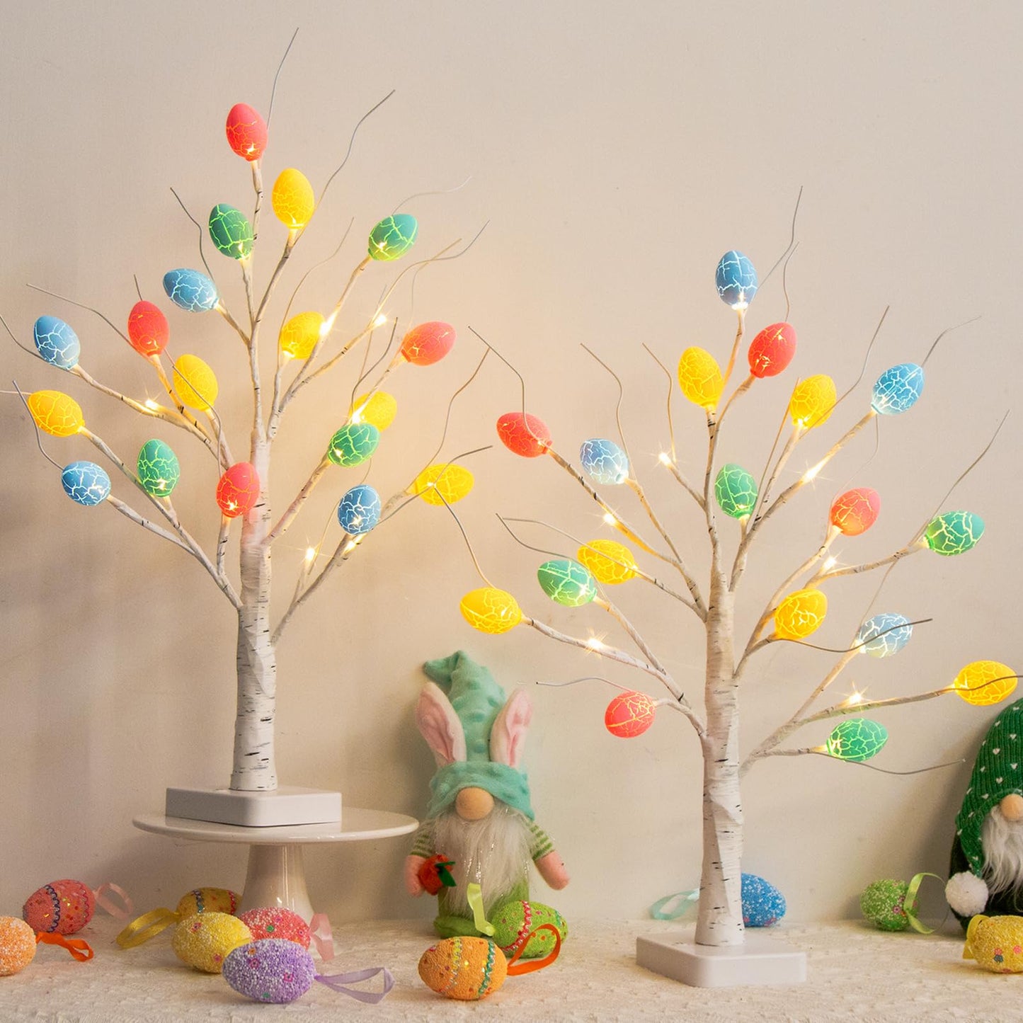 Vanthylit Easter Decorations, 2 Pack Lighted Easter Tree Battery Operated with Timer, 22 Inch LED Birch Tree with 36 Egg Ornaments Indoor Tabletop Centerpiece Light for Home Decor