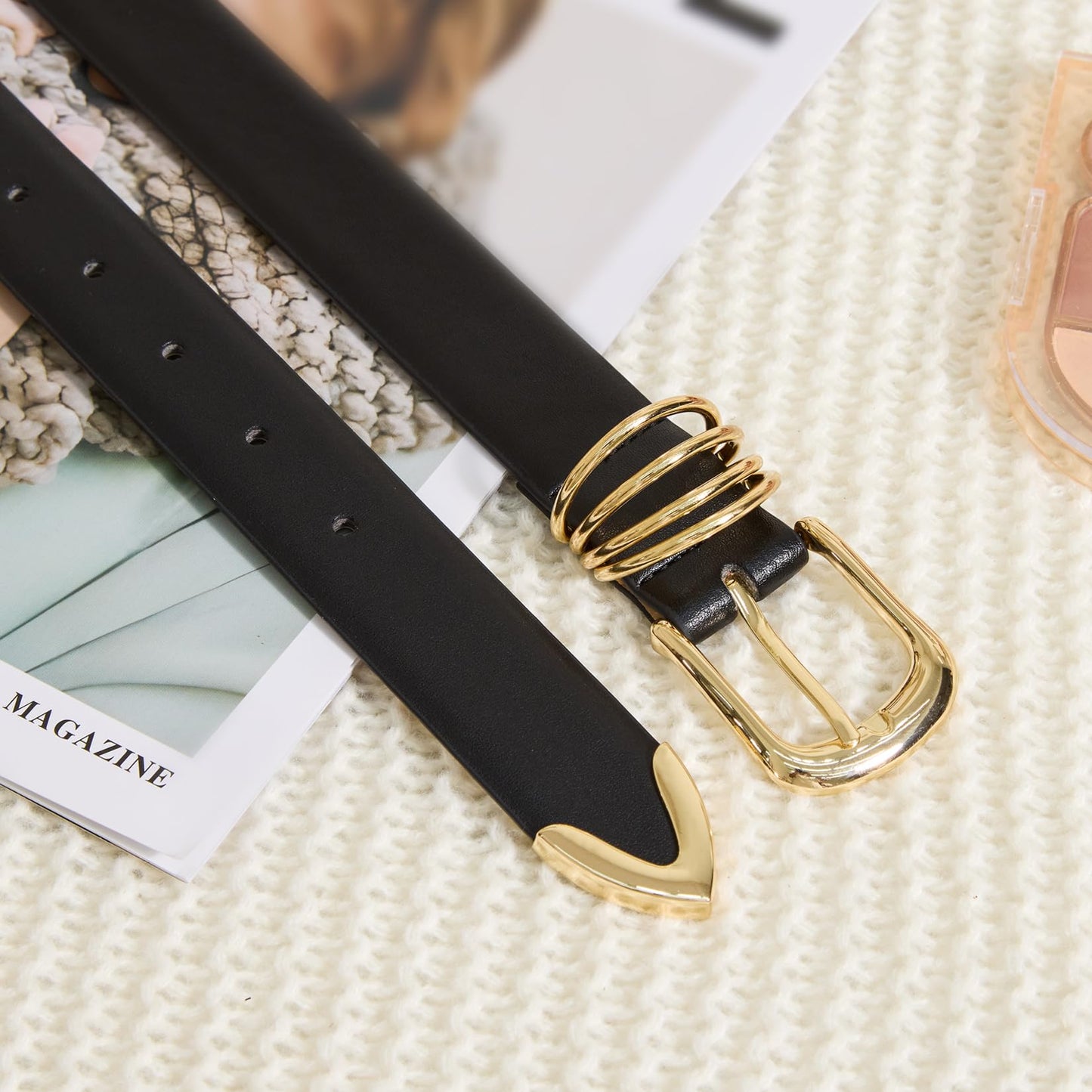 Fianmy Women's Leather Belts for Jeans Dresses Pants Fashion Waist Belt Elegant Ladies Belts for Women with Gold Buckle (Black Gold Buckle, XXL:Fit Waist Size 43"-48")