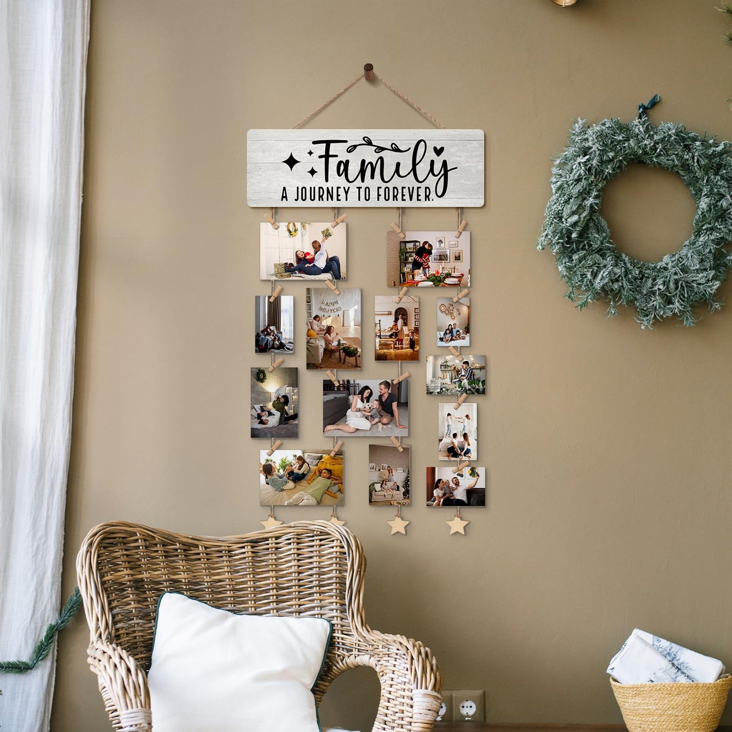 ELMCH Family Picture Frame Photo Hanging Display with Clips, Family Reunion Gifts, Families a Journey to Forever Picture Board Photo Holder for Wall Decor