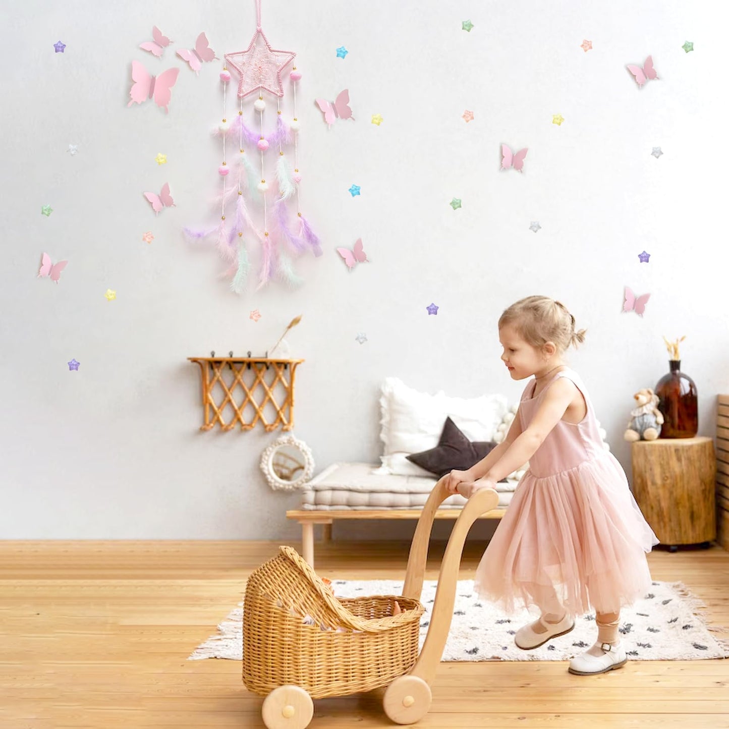 Fun-Plus Pink Dream Catcher Wall Hanging Set - 10 Butterflies & 16 Stars, Boho Room Decor for Girls, Easy Peel & Stick Wall Art