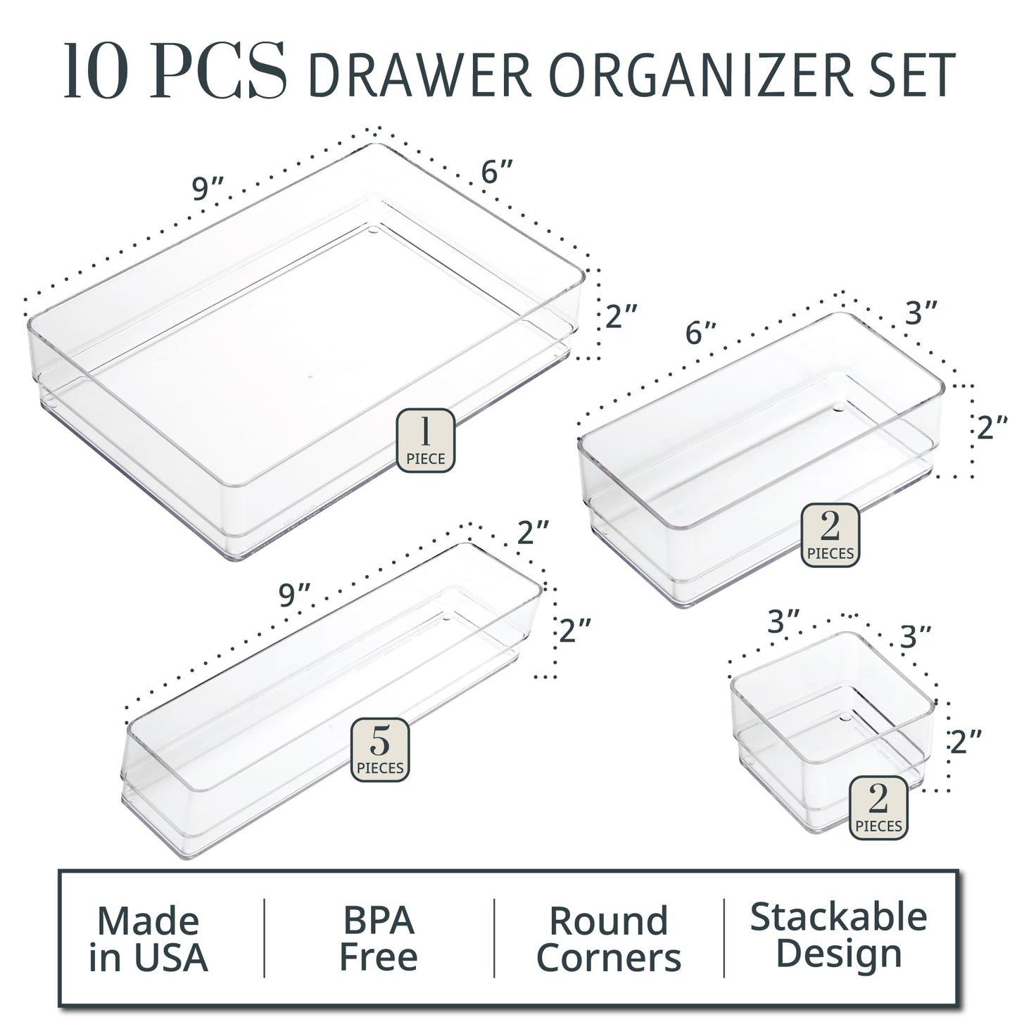 STORi SimpleSort 10-Piece Stackable Clear Drawer Organizer Set | Multi-size Trays | Makeup Vanity Storage Bins and Office Desk Drawer Dividers | Made in USA